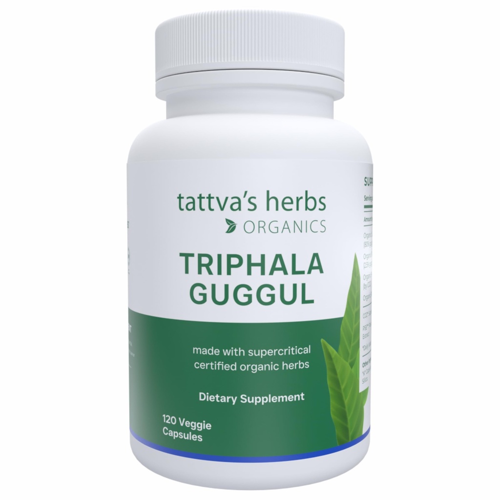 Tattva's Herbs Triphala Guggul Zeliščni dodatek, Ayurveda Zeliščni dodatki, Prebavno zdravje in podpora, Organic Triphala kapsule, 120 Count, 25 Let Premium storitev