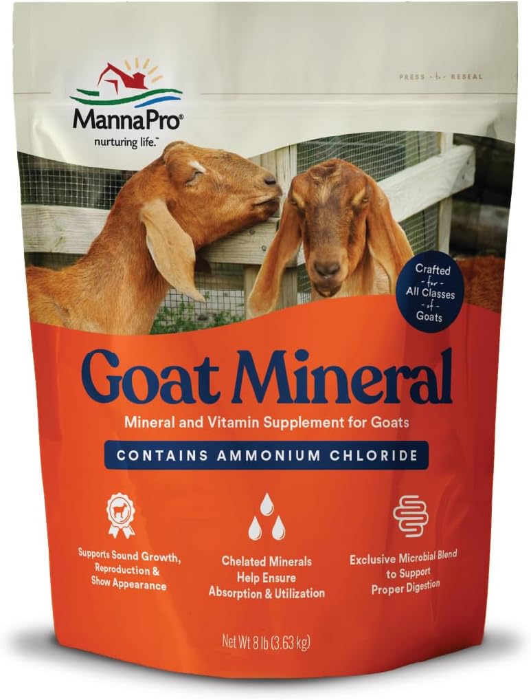 Manna Pro Goat Mineral Supplement, Essential Vitamini & Minerals za rast in razvoj, vključuje amonijev klorid in mikrobialno mešanico za digestivno zdravje, 8 lbs