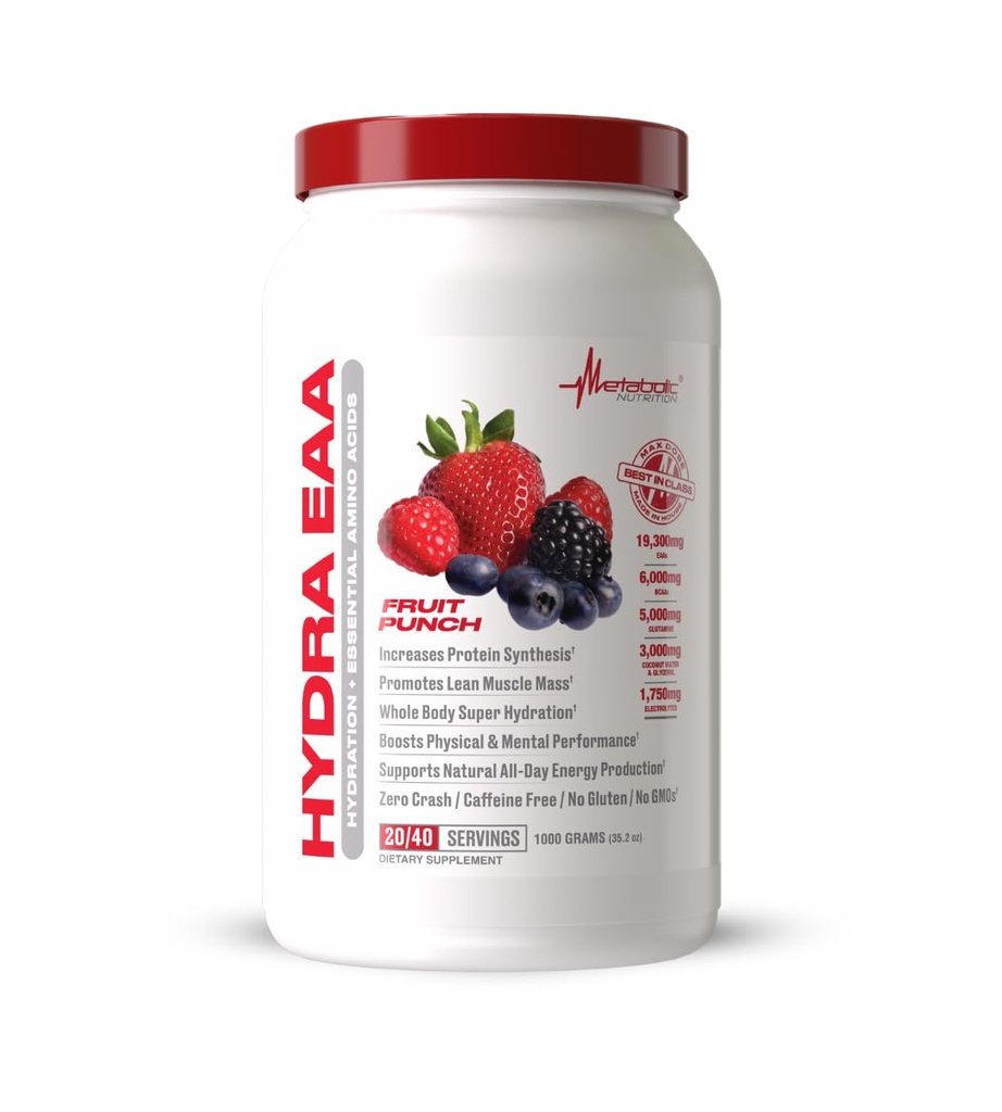 Metabolic Nutrition Hydra EAA, 1000g esencialnih aminokislin + Hidracija, EAA, BCAA, Glutamin, Electorlytes, Coconut Water & Glycerol, Neverjetne arome (Fruit Punch, 1000g)