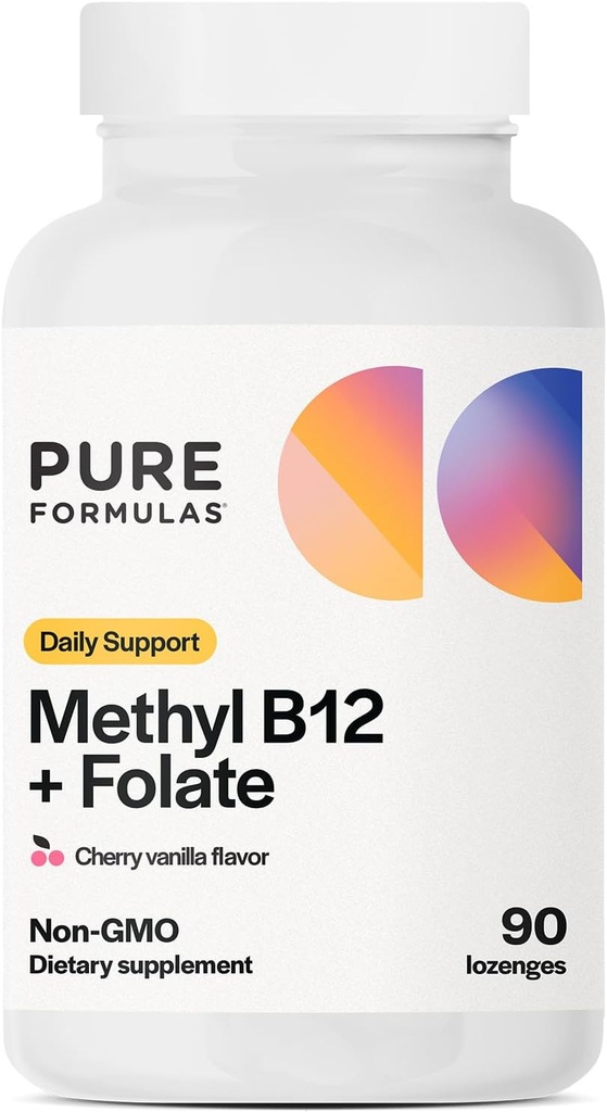 PureFormulas metil B12 + Folat dodatek, 1.000 mcg metiliranega B12 dodatek, 665 mcg folata, Cherry Vanilla aroma, metilirani vitamin B 12 - Non-GMO, 90 Lozenges