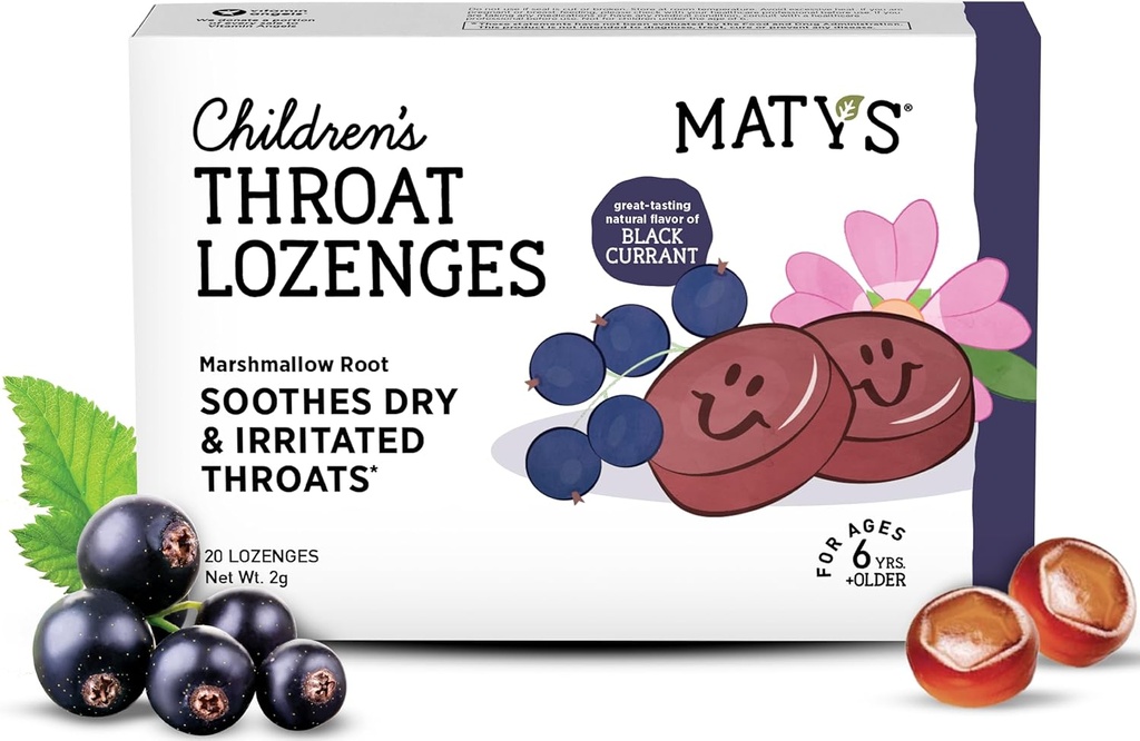 Matis Otroci Grlo Lozenges za starost 6 let +, Okusen črn ribez Okus, Soothe Suho in razdražljivo žrelo & Glasovi z Marshmallow koren, Sladkor brez, Vegan, Barvilo brezplačno, Brez alkohola, 20 grof