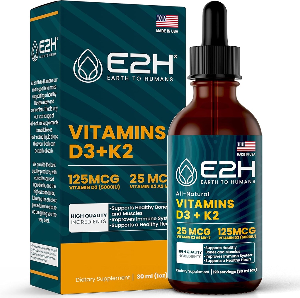 E2H Vitamini D3 & K2 Dodatek za imuno podporo - Tekoči vitamin D3 5000 i.e. - Izdelano v ZDA - Non-GMO, Vegan - 120 Serving