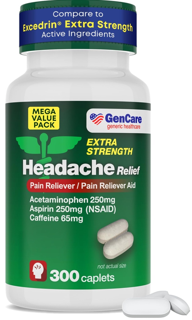 GenCare - glavobol Relief acetataminofen z aspirinom (NSAID) in kofeinom (300 Caplets) vrednost paket 