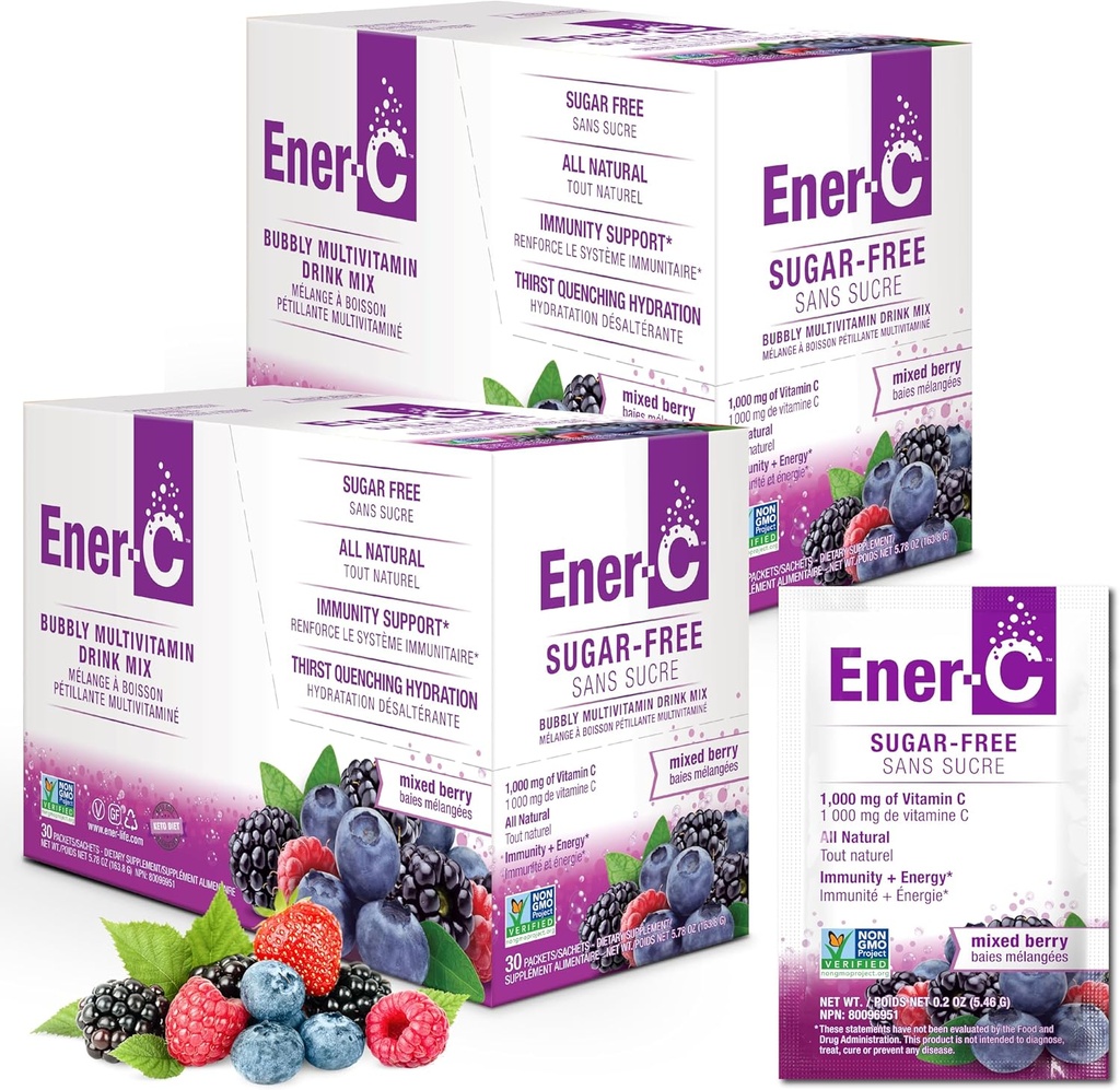 Ener-C Sugar Brez sladkorja Mešanica multivitaminske pijače - Vitamin prašek za vodo, elektroliti v prahu brez sladkorja, Hydration Boost Packets, Zero Sugar, Vitamin C & B12 Dopolnilna tekoča mešanica - Mešana jagoda, 60 Število