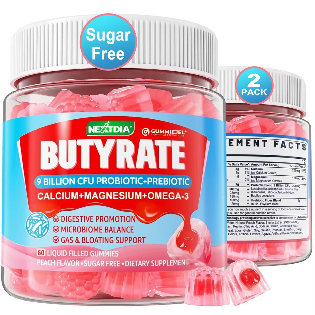 Butirate Gumies s probiotiko + Prebiotik + Postbiotik, Omega-3 500mg,9 Billion CFU Probiotiki s Fiber, Kalcij & Magnezij, Inulin,Psylium Husk za prebavno zdravje,Sladka podpora,Sugar Free