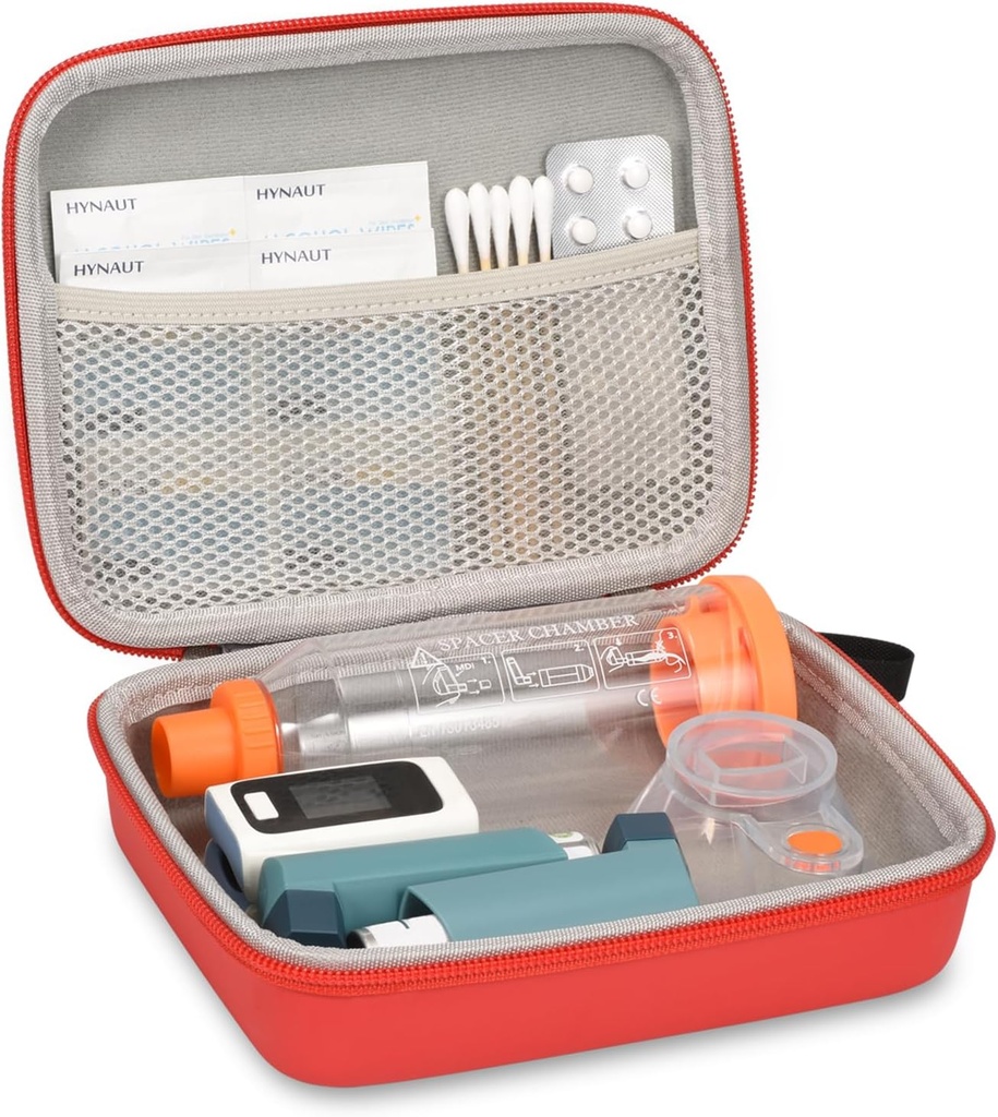 Hard Travel Case za Astma Inhaler in dodatki, z Mesh Pocket za medicino, rdeča