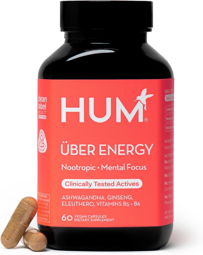 HUM Uber Energy Adrenal Energy Support Supplement with Ashwagandha Root, Ginseng, B Vitamini, Vitamin B6, B5 in Adaptogeni, Dodatki za nadledvično utrujenost podporo, 60 Veganske kapsule