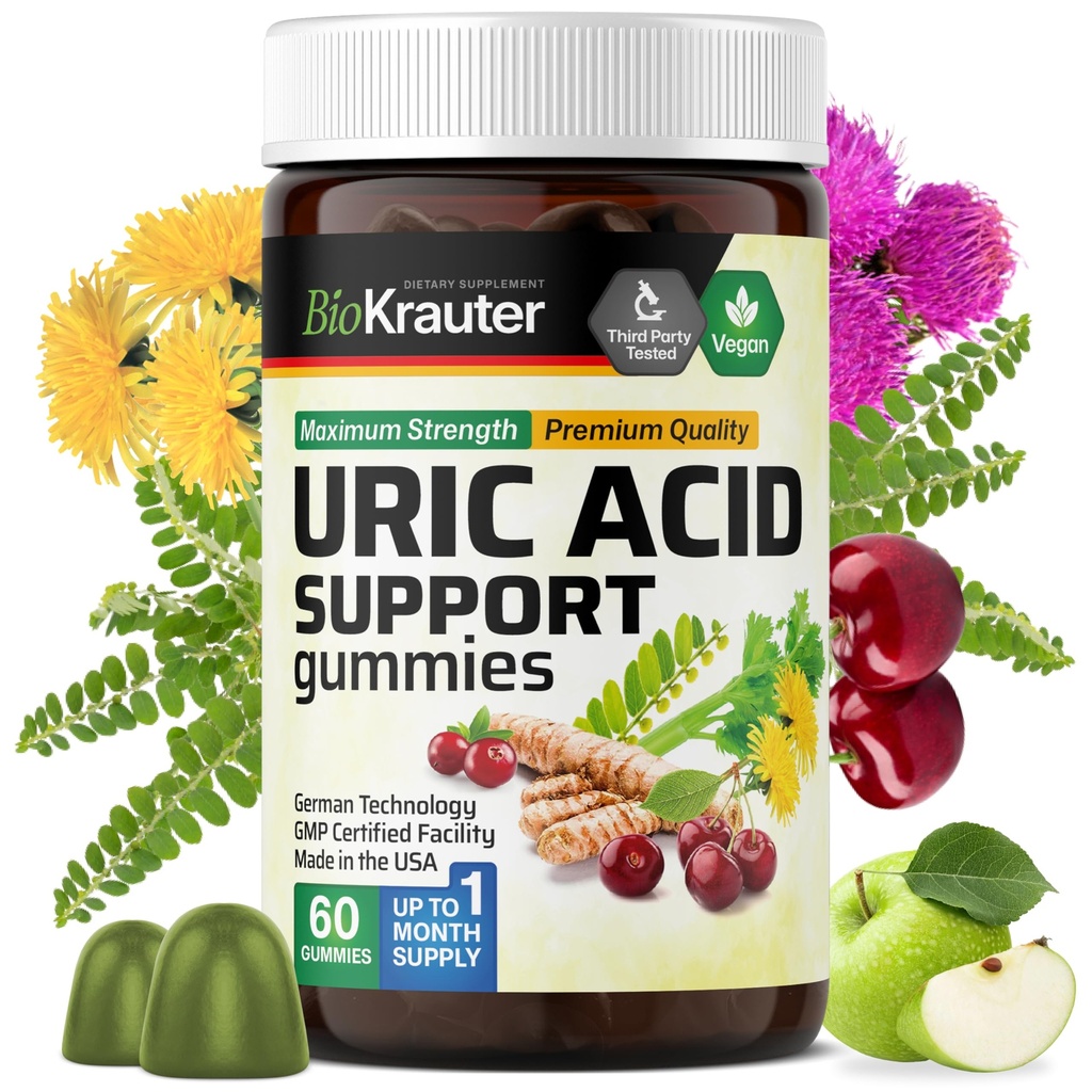 BIO KRAUTER Podpora za sečne kisline Gumiji - 60 Veganski žveči - Podpora za sečne kisline w/Tart Cherry & Chanca Piedra 4:1 Ekstrakti - Naravna ledvica dodatek w/mlečni osat in kurkuma