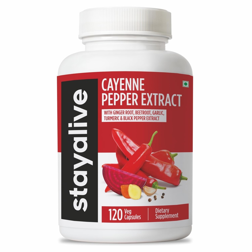 StayAlive Cayenne Pepper Kapsule 960mg Super ekstrakt z ingver, česen, kurkuma, koren sladkorne pese, črna paprika, 120 Cayenne kapsule, podpora kardiovaskularni in imunski sistem, Capsaicin dopolnilne tablete