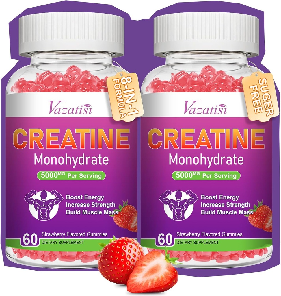 2 Pack Kreatin Monohidrat Gumiji za ženske in moške, Sugar Free Vegan Kreatin dodatek za izgradnjo mišic, povečanje energije in moči, naravne jagode aroma, 120 Count
