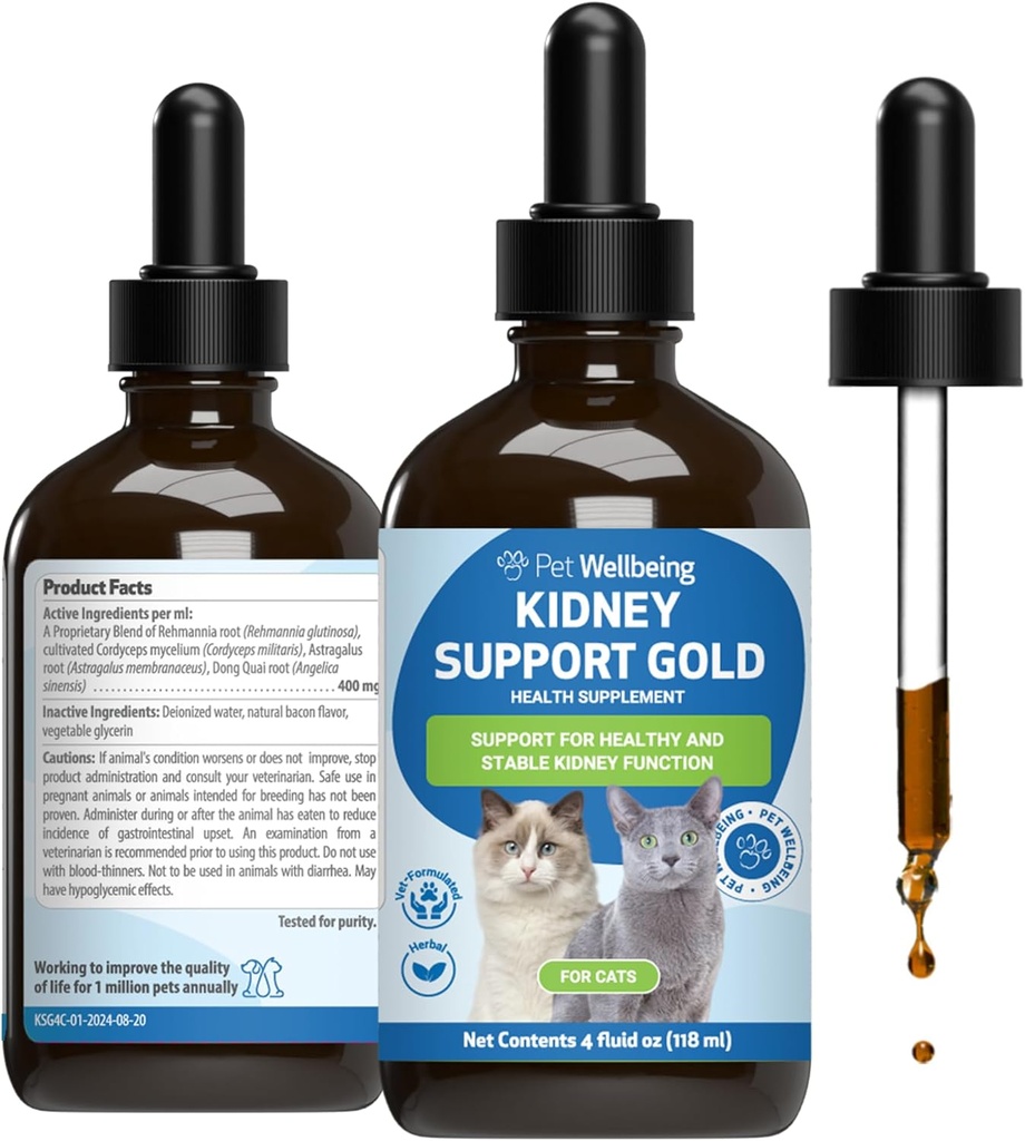 Pet Wellbeing Ledvična podpora Zlato za mačke - Podpira zdravo delovanje ledvic, Tekočina Ravnotežje, energijske ravni, Rehmannia, Dong Quai - Veterinarsko-formulirani zeliščni dodatek 4 oz (118 ml)