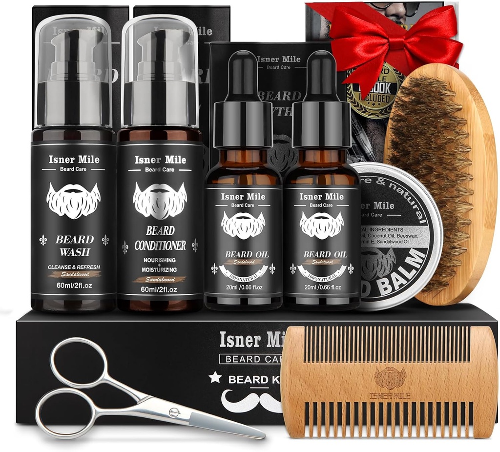 Beard komplet za moške Grooming & Care: z 2 Pack Brada olja in Balzam - Pranje in balzam za po britju losjoni sandalwood, Brush in Comb kompleti z škarje, Valentine očetje darila za očeta/moža/njega