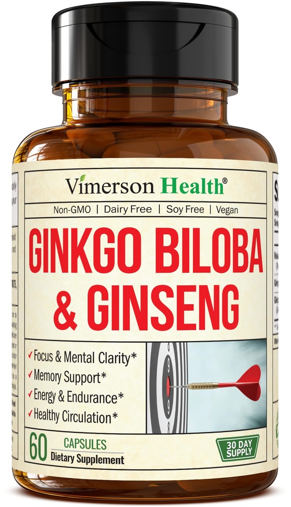 Asian Ginseng in Ginkgo Biloba dopolnila – Panax Ginseng Extract 700mg + Ginko Biloba 720mg – Nootropični možganski dodatek za spomin, Fokus & Trajna energija – 60 Enostavne kapsule