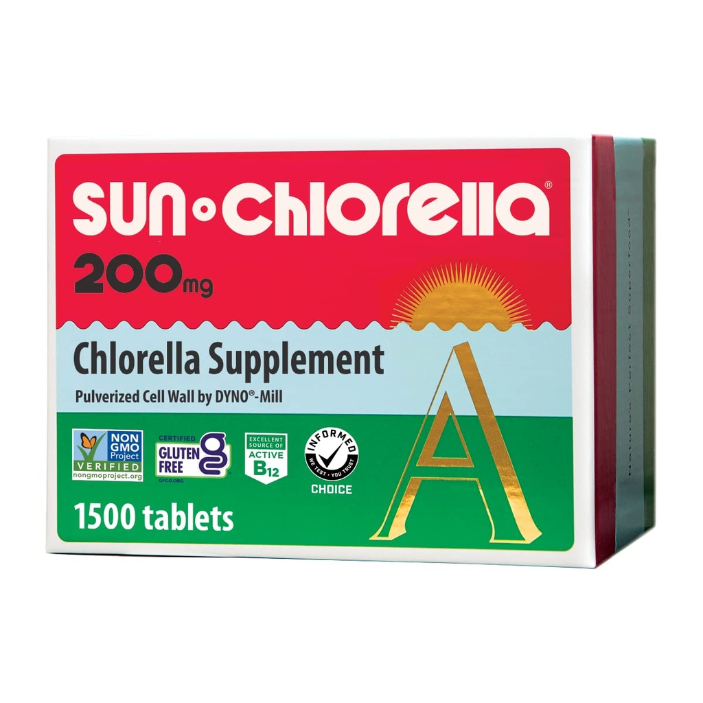 Sun Chlorella 200 mg Green Algae Superfood dodatek - Pulverizirani celični zid - Klorofil, CGF, Active B12, železo, beljakovine - Ne-GMO - 1500 Tablete