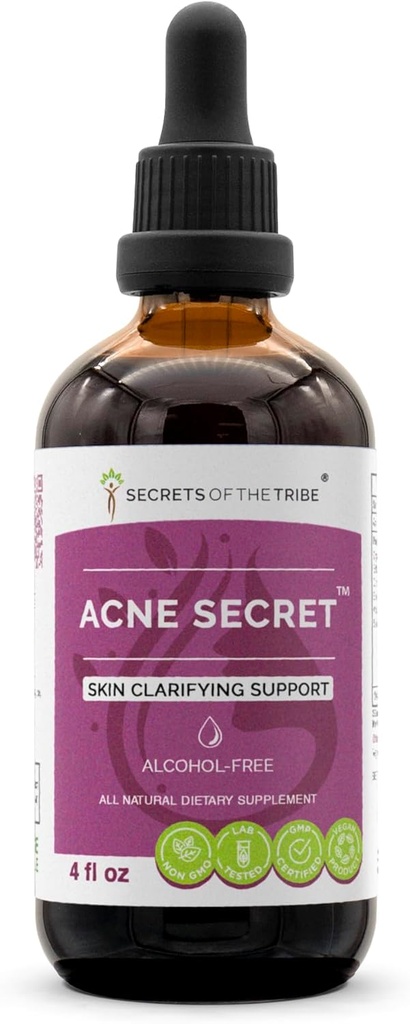 Skrivnosti Tribe Acne Secret Alkohol-free Extract, Tinkture, Glicerit Boldo, Koruzna svila, Stinging Nettle Leaf, Alfalfa, Senna Leaf. Podpora za razjasnitev kože (4 Fl Oz)
