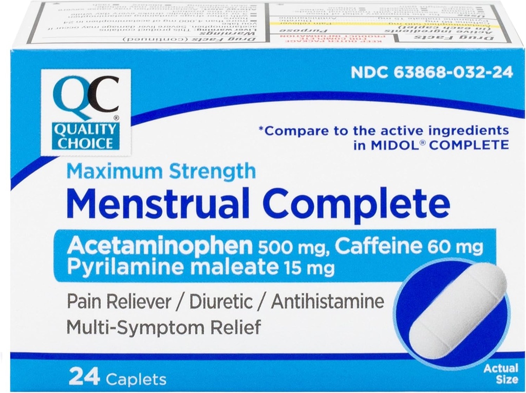 Quality Choice Menstrual Popolna Max Moč Obdobje bolečine Relief, 500 mg acetatfen, 60mg kofeina, 15mg pirilamin Maleat, Cramps, Hrup, Glavobol. 24 Število.