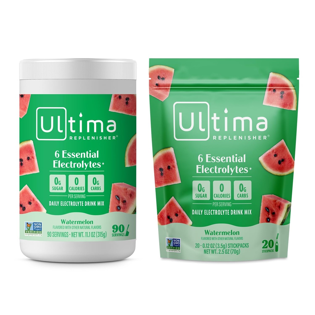 Ultima Replenisher Electrolyte Powder Drink Mix Bundle – Sladkor brez lubenice, 90 Serving Canister in 20 Stickpacks – 6 Elektroliti in minerali – Keto prijazno, Vegan, Non-GMO