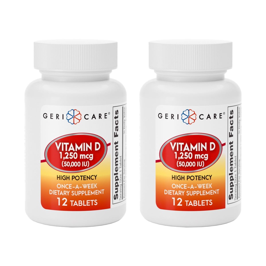 GeriCare Vitamin D 1.250mcg (50.000 i.e.) Visoka jakost, podpira gostoto kosti, zdravje mišic, imunske funkcije in absorpcijo kalcija, dietna dopolnila enkrat na teden, 12 (paka po 2)