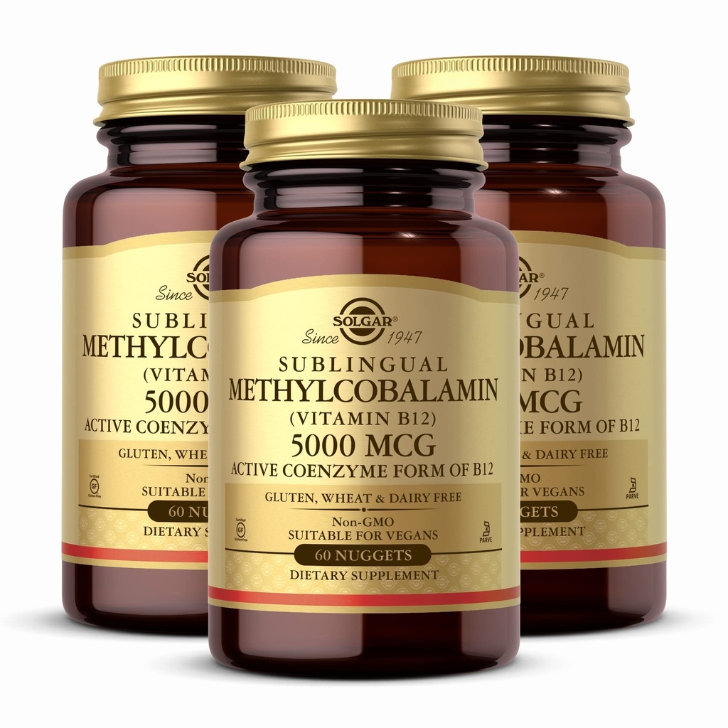 Solgar Metilkobalamin (vitamin B12) 5000 mcg, 60 Nuggetov (paket 3) - Cherry Flavor - podpira energetsko presnovo - telo pripravljeno, aktivna oblika - ne-GMO, Vegan, Gluten brezplačno - 180 skupaj serviranja