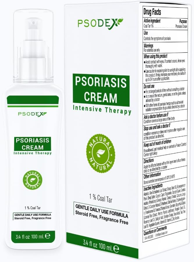 PSODEX Psoriaza Cream – 3.4fl oz Topical Psoriaza Zdravljenje s premogovim katranom, salicilna kislina, olje čajevca, Aloe Vera – Vse naravne sestavine – Pomirjujoče in vlažilni premogov katran Psoriaza Krema