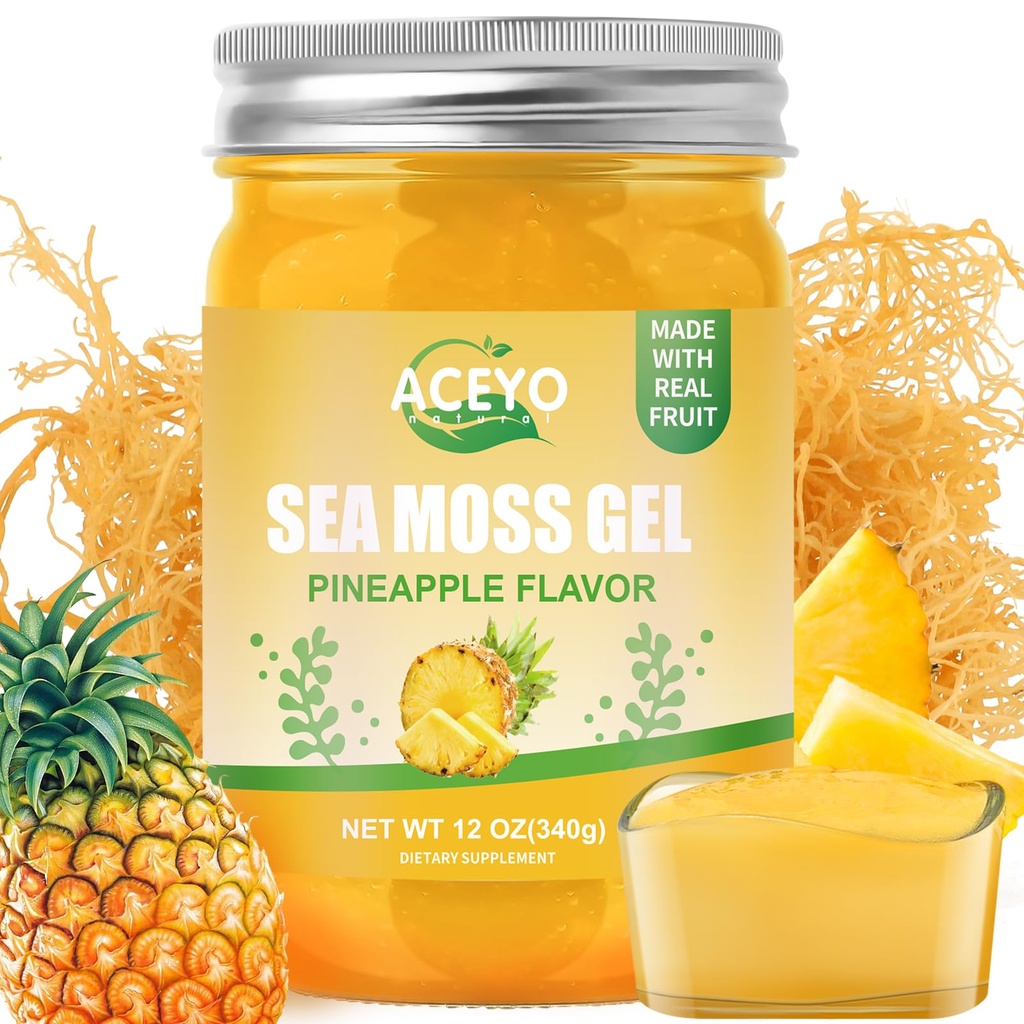 ACEYO (12 OZ Irish Sea Moss Gel Raw Vegan Ananapple Flavor 102 Vitamini in minerali Wild žetev ne-GMO Immune Defense Booster Prebavna podpora za ščitnico