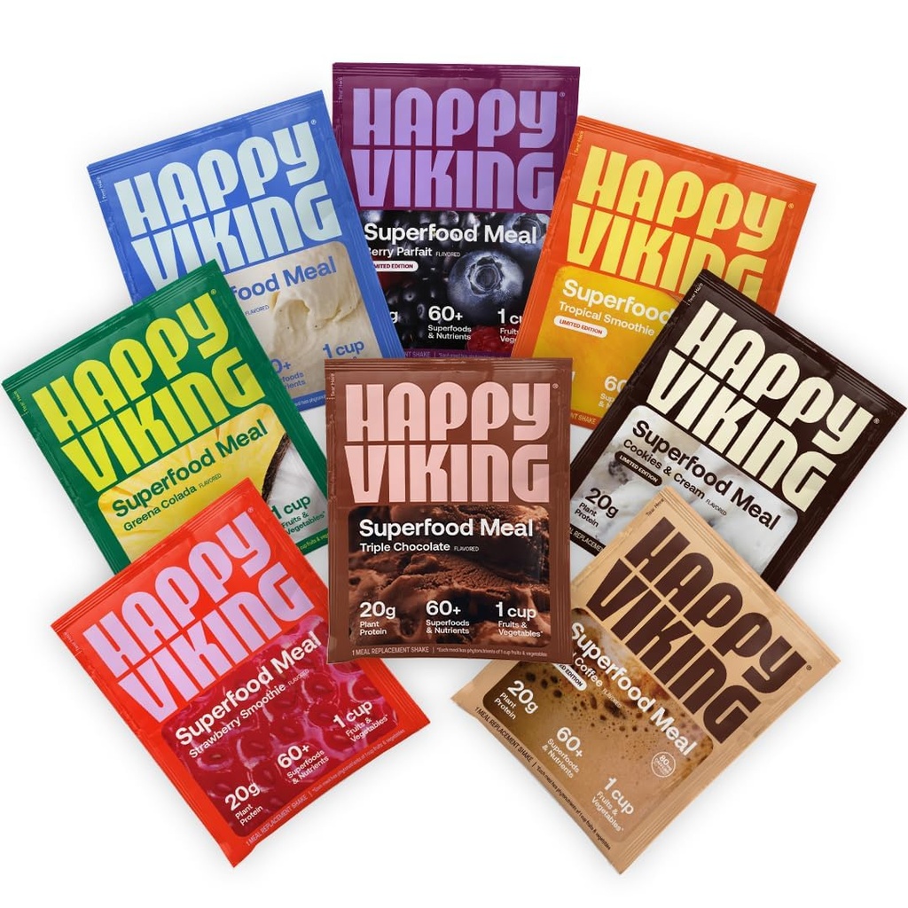 Happy Viking Variety Pack Plant Protein Powder, ki ga je ustvarila Venus Williams, 20G proteini, Nizki ogljikovi hidrati, Keto, Vegan, Gluten-free, Ne-GMO, Superfoods, Popolna mehanizacija obrokov, 8 Samski paketi
