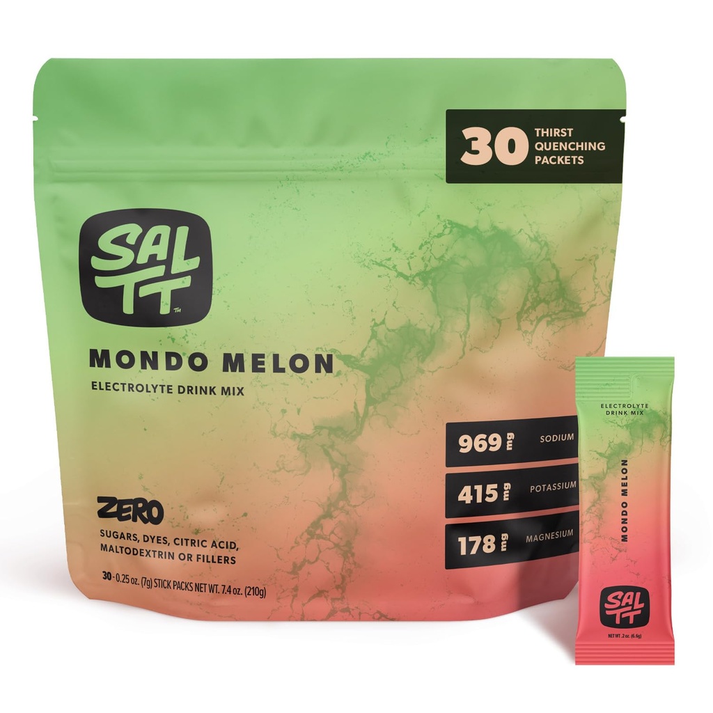SALTT Elektroliti v prahu Aromatizirana pijača Mix - Mondo Melon - 30 Hydration Packets - Magnezij, Kalij, Natrij, Trace Minerals - Zero Sugar & Gluten Free - Potovalne bistvene