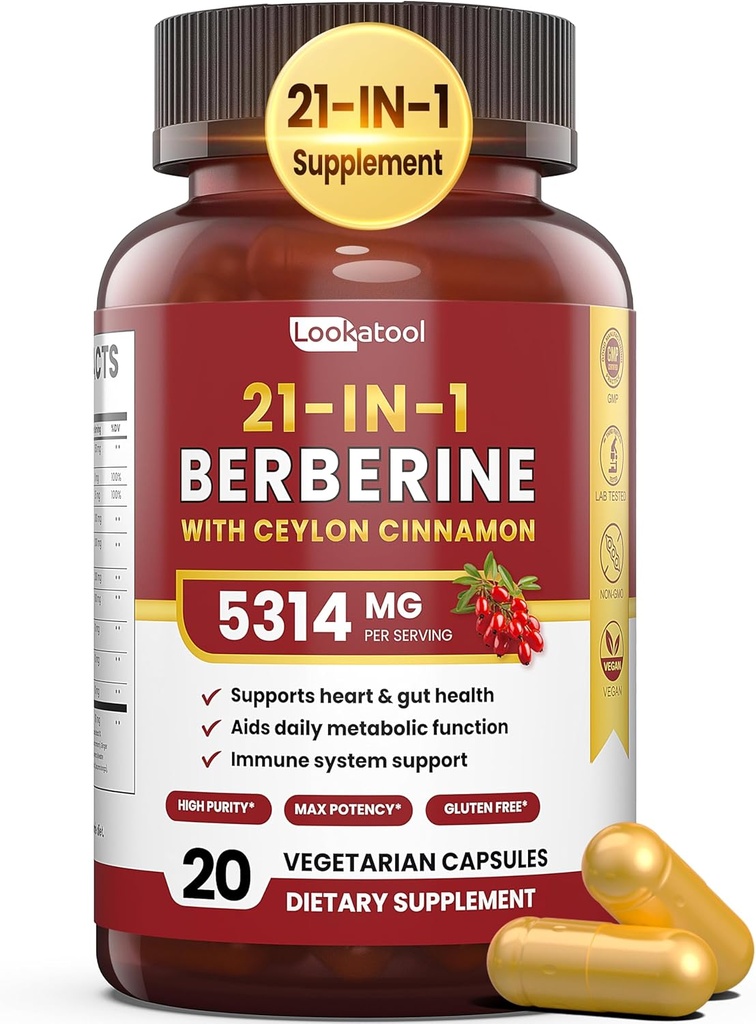 21-v-1 Berberin dodatek s Ceylon Cinamon - 1500mg Organski Berberin HCL Fitosome, 5X večja absorpcija za presnovo Podpora 20 kapsul