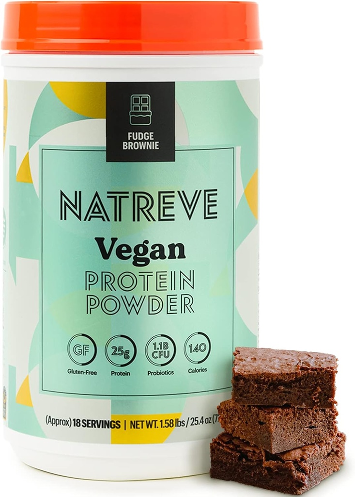 Natreve Vegan Protein Powder - 25g Protein Powder na osnovi rastline s probiotiki in aminokislinami - Gluten Free Fudge Brownie, 18 Servisi