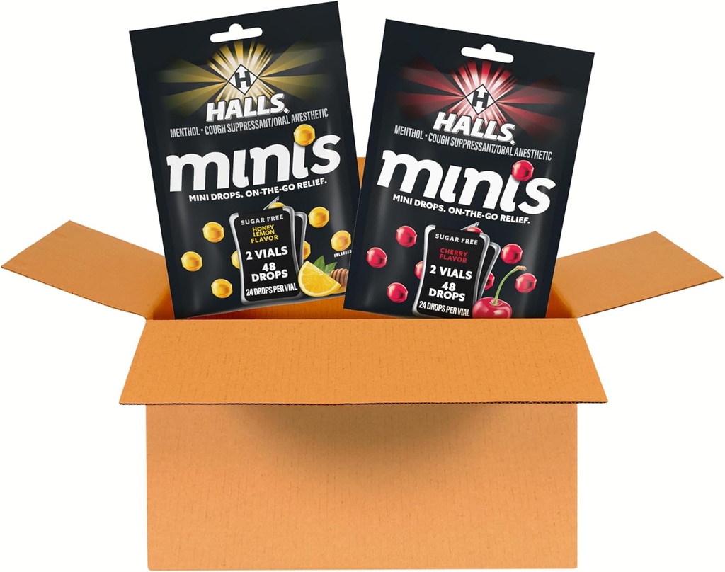 HALS Minis Cherry in medeni sladkor brez kašelj kapljice varietete paket, 2 vrečke, 4 pakiranja (96 skupne kapljice)