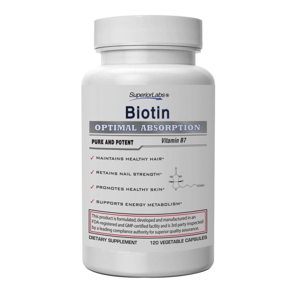Superior Labs – Best Natural Biotin NonGMO dodatek – za Luscious daljši lasje in las – Močnejši nohti – Zdrava koža – Energy Booster – Zdrava teža - 5000 mcg, 120 Zelenjavne kape