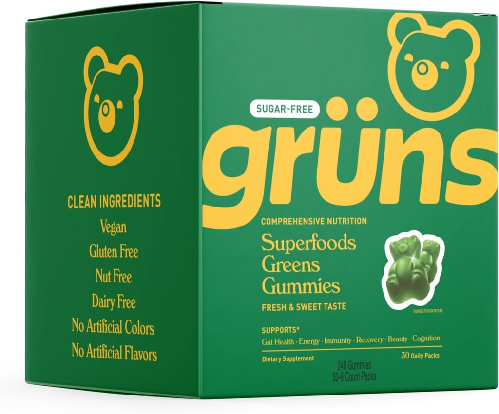 Gruns Sugar Free Super Greens Gummy Bears - Organic Spirulina in Klorella, Prebiotiki za digestivno zdravje, 20+ Vitamini in minerali, Adaptogeni - 30 vrečke - 240 Gumies
