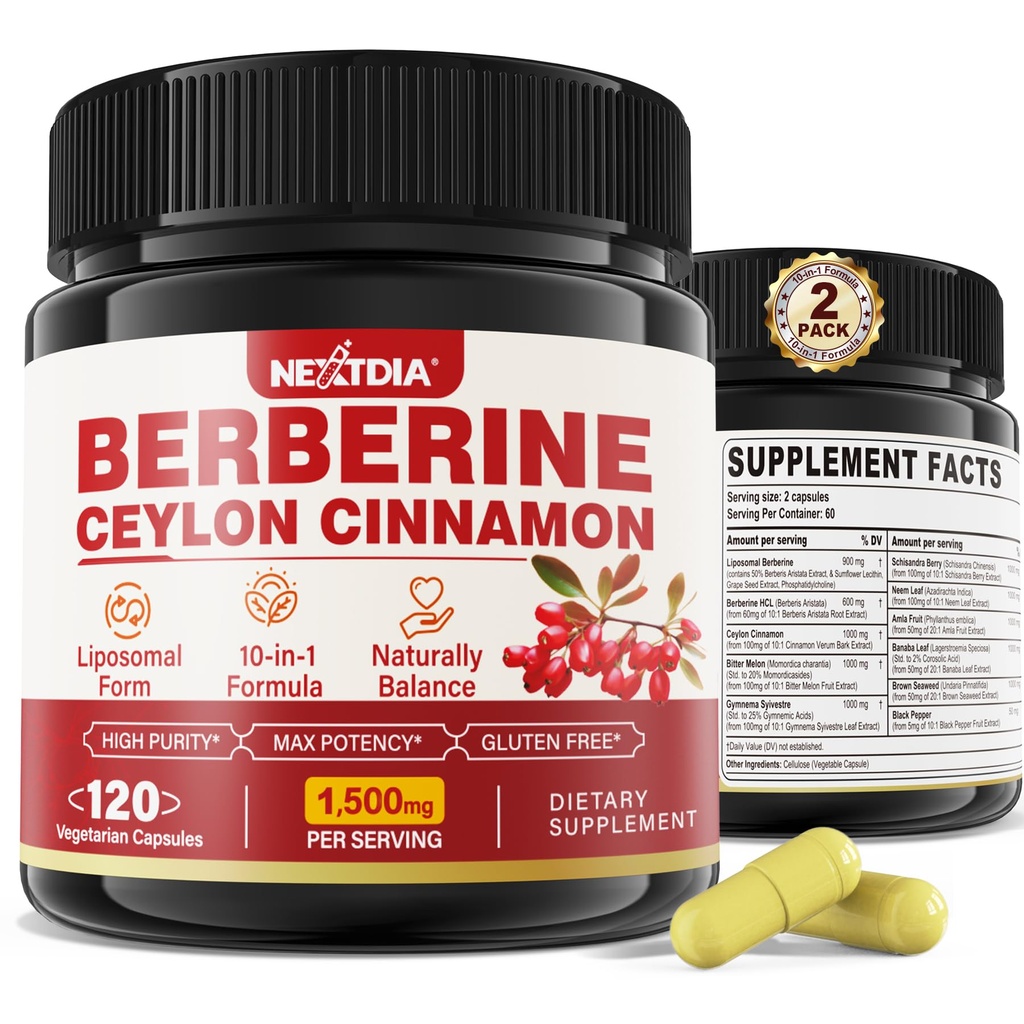 2 Pack 1500mg Liposomal Berberine HCL s Ceylon Cinnamon Bitter Melon, Organic Berberine Complex dopolnila z Banana List, Podpira Imuno & Prebava - Vegan 240 kapsule