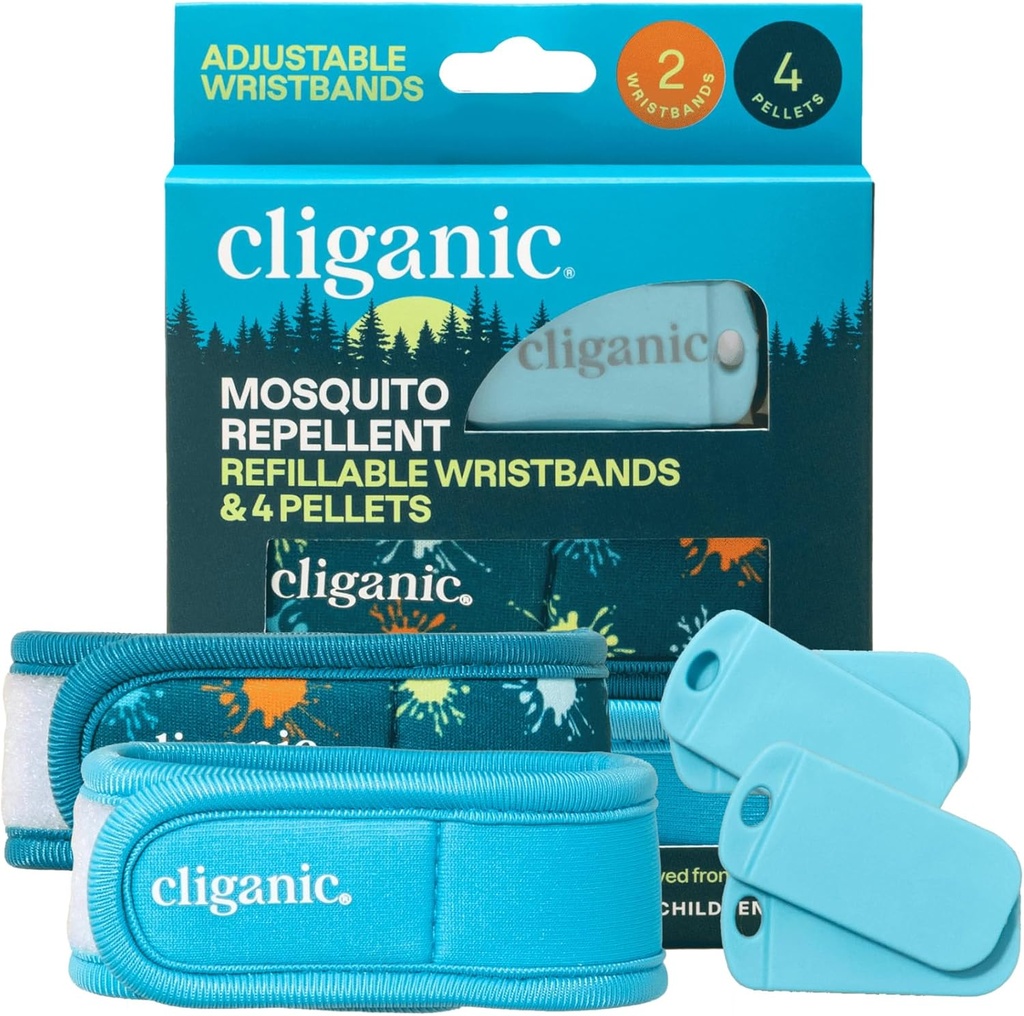 Cliganic Mosquito Repelent Pack (2 Zapestnice + 4 Ponovno polnjenje Pellets) - Nastavljiv, naravni DEET-free, Essential Oil Infused