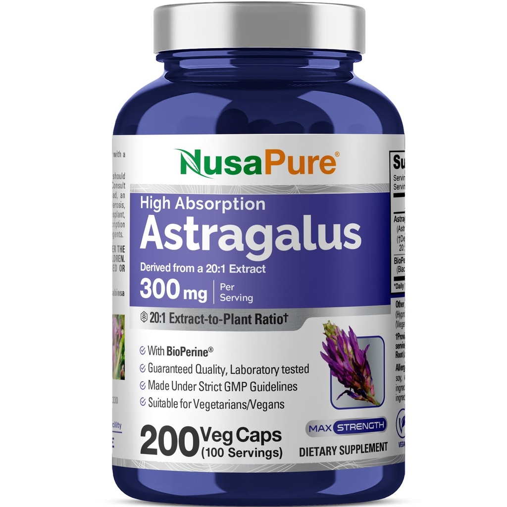 NusaPure Astragalus 20:1 Extract, 300 mg ekvivalenten 6.000 mg na serviranje, 200 Veggie kapsul, Non-GMO & Bioperine
