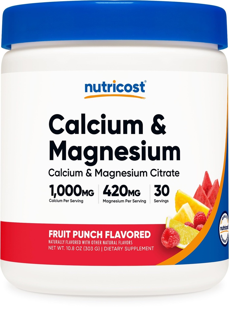 Nutricost Kalcij Magnezij v prahu (Fruit Punch, 30 Servings) - podpora za kosti, ne-GMO, Gluten brez (iz kalcijevega citrata in magnezijevega citrata)