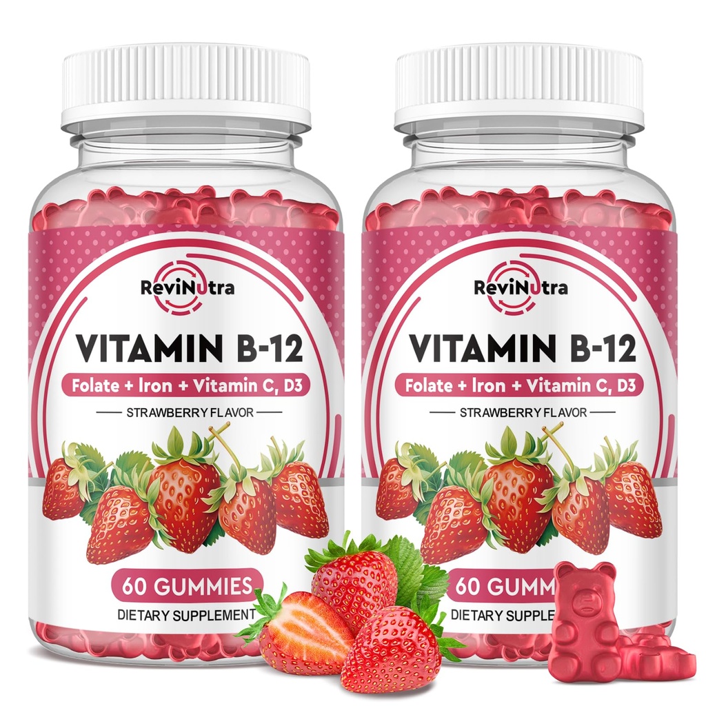 Vitamin B12 Complex Gumies - 5000 μg Metilkobalamin z železom, vitaminom C, D3 & Folat, energijska podpora in presnova, Imunski, B-12 Žvečljivi dodatek za moške in ženske, Jagodna aroma, 2 paket