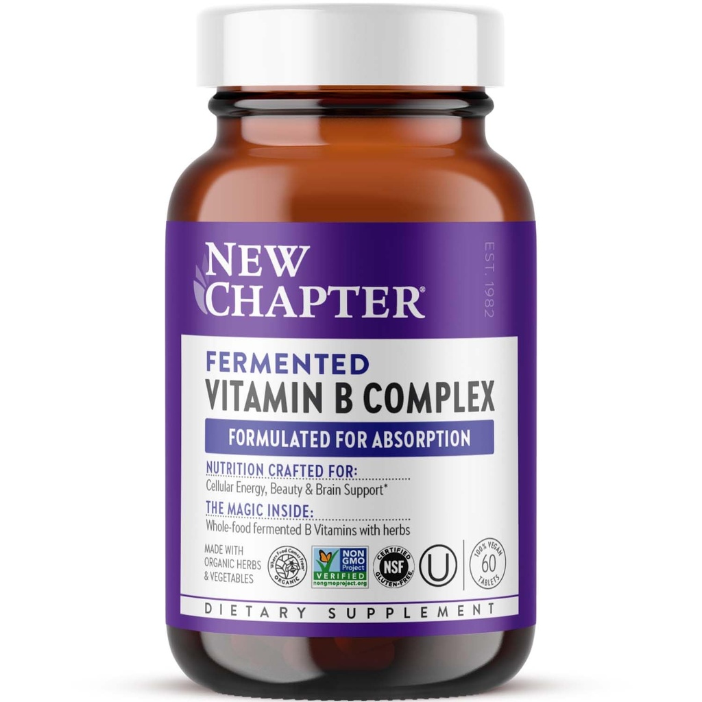 Novo poglavje Vitamin B kompleks, Fermentirani vitamin B kompleks, USDA Organic, ONE vsak dan za celično energijo + možgani + lepota, 100% Vegan, Gluten-free - 60 Count