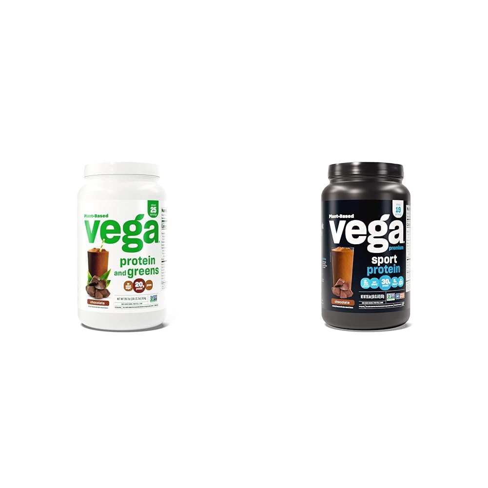 Vega proteini in zeleni proteini v prahu, čokolada - 20 g Proteini na osnovi rastlin Plus & Premium Sport Proteini čokoladni proteini v prahu, veganski, ne gensko spremenjeni, brez glutena