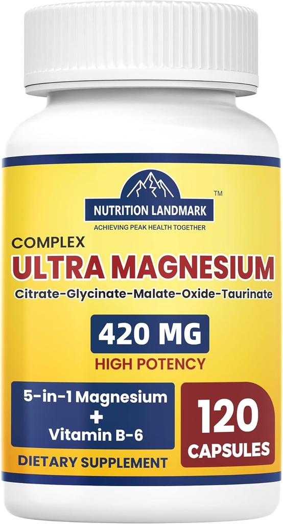 Magnezij kompleks dopolnilo z vitaminom B6, 2 Mesec dobava 420mg 5-v-1 Magnezijev oksid, Taurat, Malat, Citrat, Glicinat Max Absorpcija Magnezij Dodatek za mirno, spanje in noge Cramps