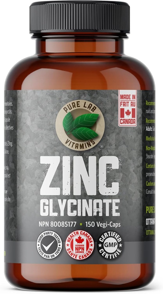 Cinkov glicinat 23 mg dodatek - 150 Veganske kapice s čistimi Lab vitamini - Aminokislinska sol za zdrave kože in nohte - podpira imunski sistem, prostata, vizija - Made in Canada