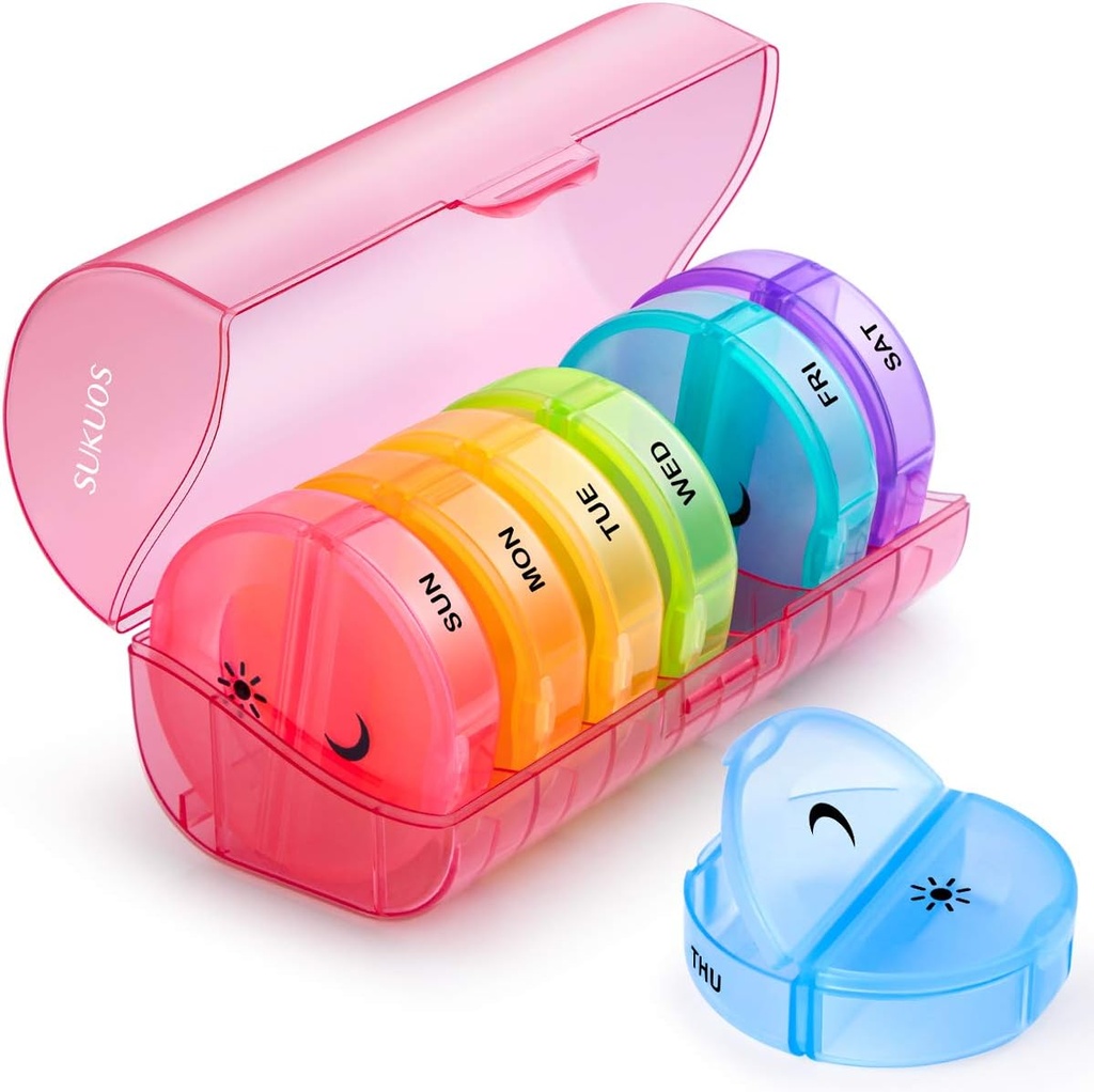 Sukuos velike tedenske tablete Organizator 2 krat na dan, Daily Pill Box 7 dan Enostaven za odpiranje z dvojno zaščito, AM PM tablete Primer za medicino/vitamin/ribje olje/dodatki (rdeče)