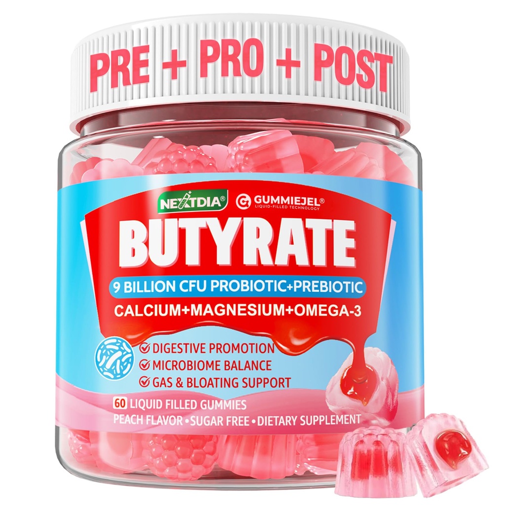 Butirate Gumies s probiotiko + Prebiotik + Postbiotik, Omega-3 500mg,Fiber z 9 milijard CFU probiotiki, Kalcij & Magnezij, Inulin,Psylium Husk za prebavno zdravje,Sladka podpora,Sugar Free