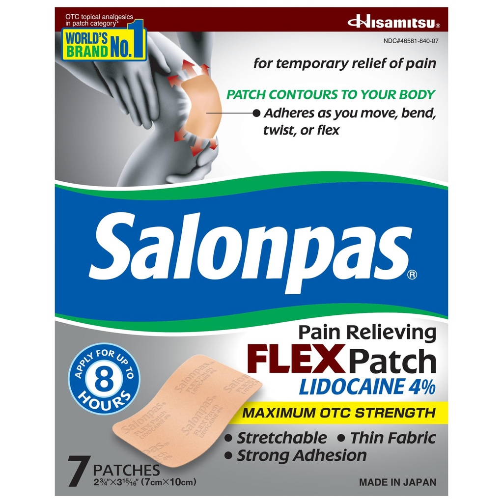Salonpas Največja OTC moč Lidokain 4% bolečina lajšanje FLEX obliž, Naročite za do 8 ur, Neoporečna, Tanek, Fleksibilen, Lahek, Patch ostane na mestu, 7 obliži