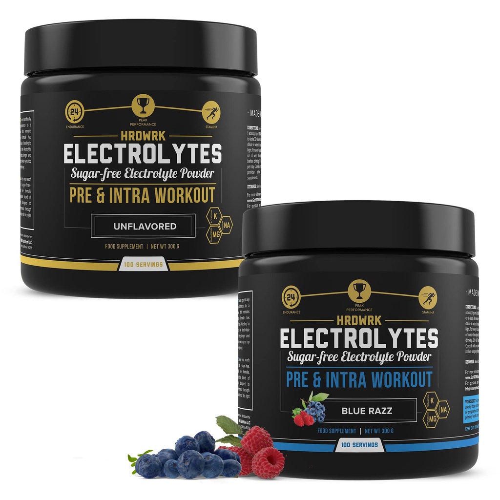 MMA Nutrition HRDWRK 100 Servisi Keto Elektroliti powder Hidracija Sladkor brez - Elektrolitni prašek za povečanje vzdržljivosti in zmanjšanje utrujenosti z elektroliti dodatek - Unflavored & Blue Raspberry Set