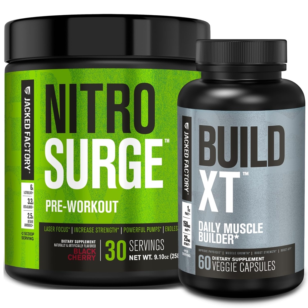 Jacked Factory Nitrosurge Pred-Workout v črni Cherry & zgraditi XT Muscle Building Bunded za moške in ženske