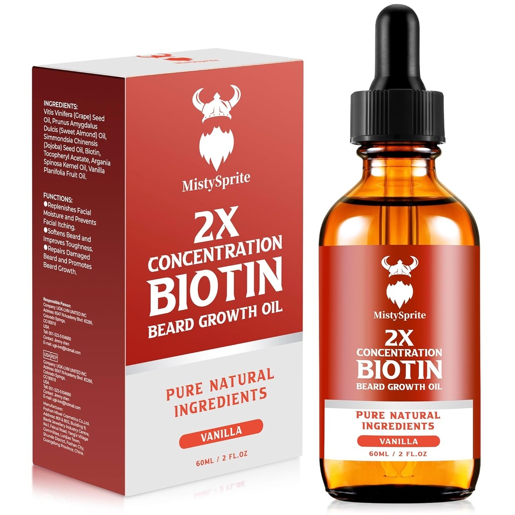 Bradavičasto rastno olje - 2X Koncentracija Biotin za moške (2 oz) - Naravno z argan, jojoba in vitamin, rast mehčalec, vlažilna (Vanilja)
