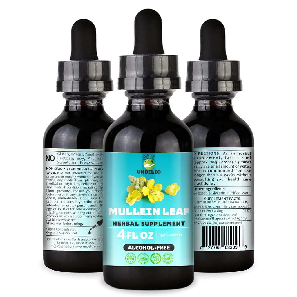Undelio's Herbal Mullein Leaf Extract - Organic & Alkohol-free Tinkture za dihala, pljuča, spanje in prebavne podpore - Non-GMO, Vegan - 4 fl. Oz za imuno zdravje & Lung Detox