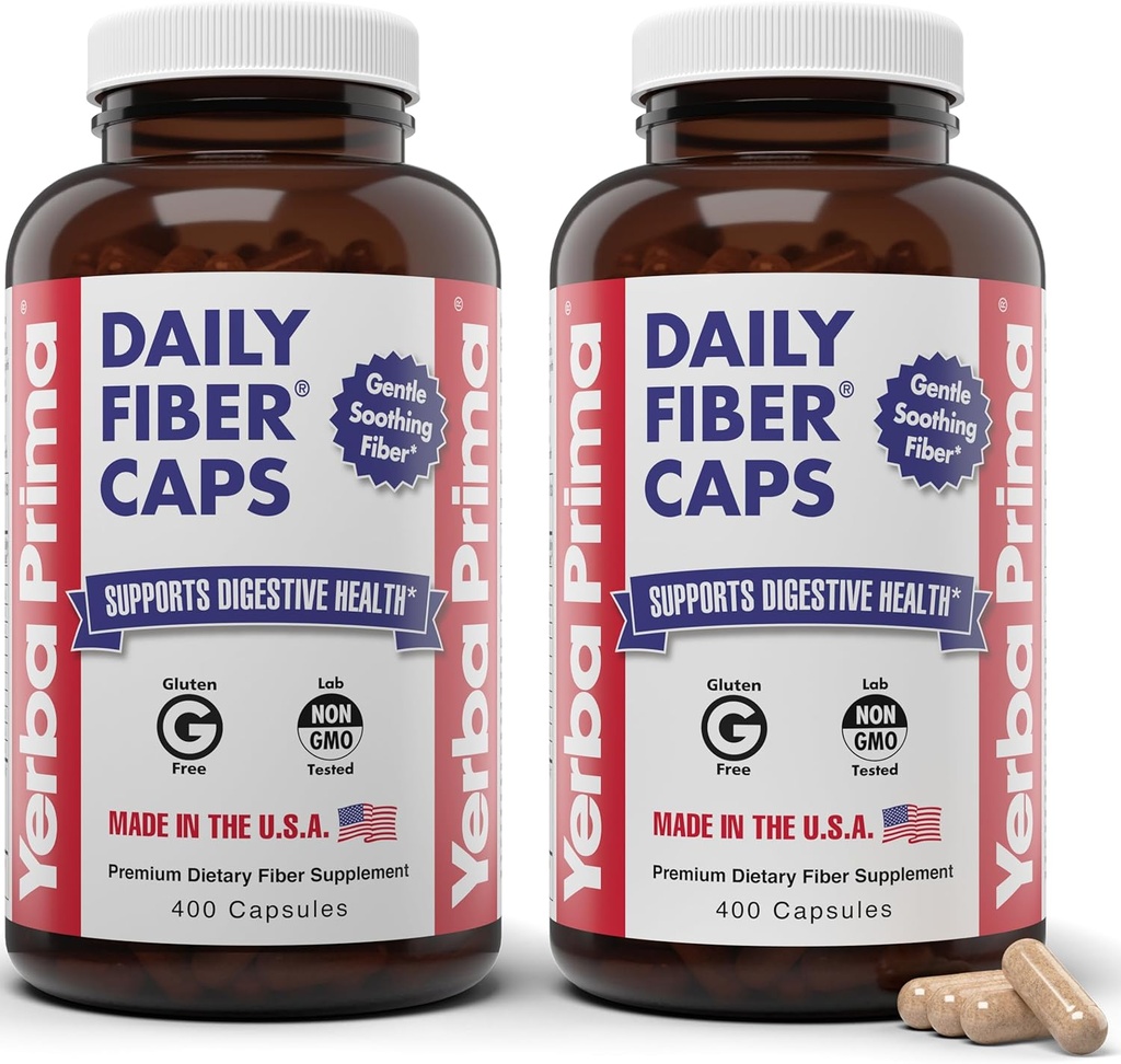Yerba Prima Daily Fiber Caps Formula 400 Kapsule (paket po 2) - Obe topni/netopni Fiber s Psyllium Seme Husks, Acacia Gum, Apple Fiber dodatek