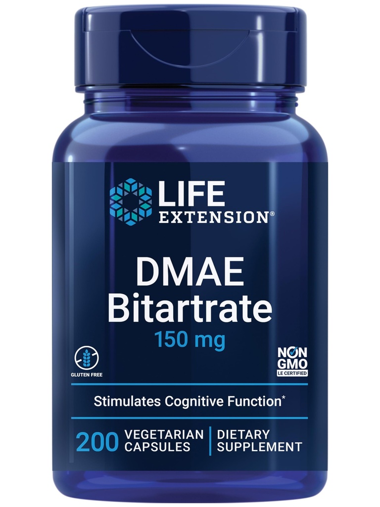 Life Extension DMAE Bitartrate, podpira proizvodnjo nevrotransmiterjev, 6-mesečna zaloga, Gluten-free, Ne-GMO, Vegetarian, 200 kapsul